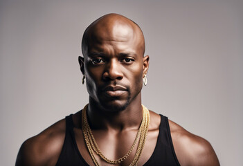 Wall Mural - portrait of muscular and bald black man with gold necklace, isolated white background
