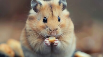 Closeup of a hamster holding a tiny piece of food, with copy space