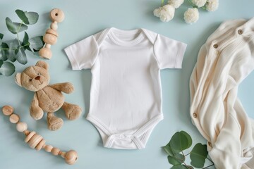 Gender neutral baby onesie mockup with toys on pastel background for newborn bodysuit template