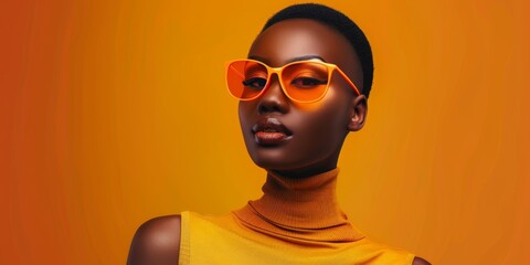 Wall Mural - A woman wearing orange glasses stands in front of an orange background. Concept of confidence and boldness, as the woman's outfit and accessories are bright and eye-catching