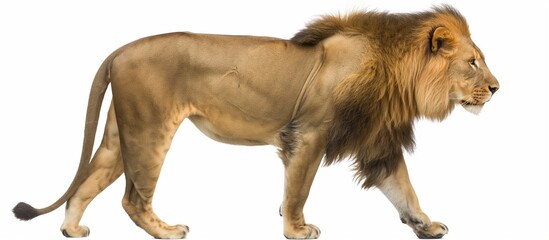 Side view of a Lion walking. Lion isolated on white background. Animal predator.