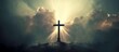 © Yana - Christ's cross standing on the top of a hill, with light behind it. Christianity concept. Easter and ressurection. He is risen. Dramatic image showing a religious church cross framed against
