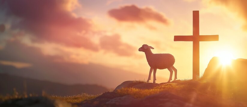 Resurrection of jesus christ concept. lamb in front of the cross of jesus christ on sunrise background. Lamb as symbol of Jesus. Easter concept. Salvation and heaven. He is risen.