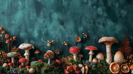 A wall covered in various types of mushrooms and other plants
