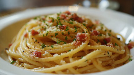 Wall Mural - plate pasta Spaghetti with tomato sauce, basil and cheese on the table at restaurant