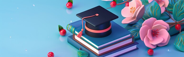 Canvas Print - A mortarboard and graduation scroll, tied with red ribbon, on a stack of books. AI generated illustration