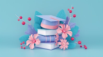 Wall Mural - A mortarboard and graduation scroll, tied with red ribbon, on a stack of books. AI generated illustration
