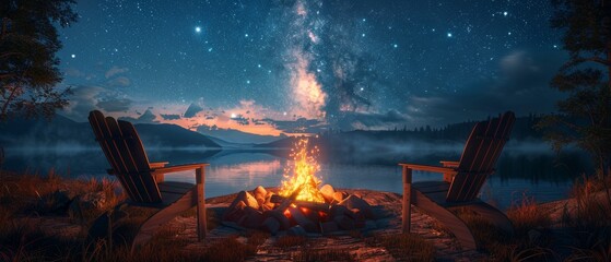 Tranquil lakeside campfire under a starlit sky with two wooden chairs creating a serene nighttime scenery in nature.