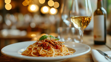 Wall Mural - plate pasta spaghetti , tomato and Wine on the table at restaurant