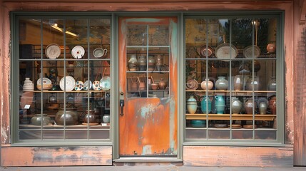 Wall Mural - burnt sienna door on an artisan pottery shop, with unique ceramic pieces displayed in the window