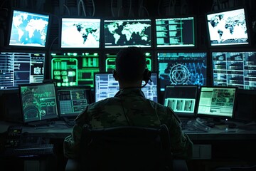 Poster - A cybersecurity expert works late at night in a darkened room surrounded by computer monitors. Generative AI