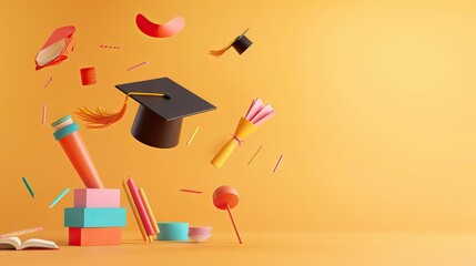 Poster - concept of obtaining higher education. stack of books and graduate cap on a blue background. 3d render. illustration. AI generated illustration