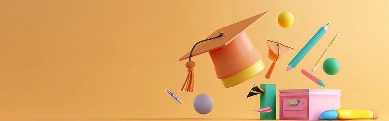 Poster - concept of obtaining higher education. stack of books and graduate cap on a blue background. 3d render. illustration. AI generated illustration