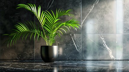 Wall Mural - Tropical plant and an empty black marble table behind a textured glass panel. Background of a home interior showroom. Product placement montage of an opulent tabletop counter.