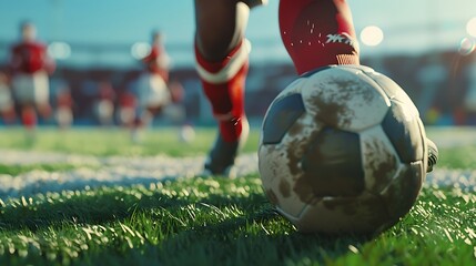 Wall Mural - Close-up of a football player's leg and foot making a pass during a match.