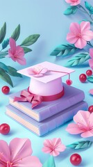 A mortarboard and graduation scroll, tied with red ribbon, on a stack of books. AI generated illustration