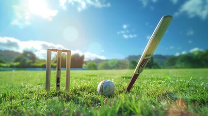 Wall Mural - Cricket bat, ball, and stumps on a grassy field with clear blue sky.