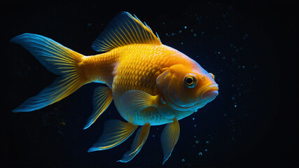 goldfish, blue lighting, yellow glow in the background