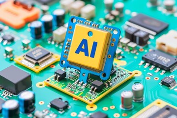 Sticker - AI microchip on green circuit board, artificial intelligence, advanced tech, digital electronics, high tech components, futuristic AI design