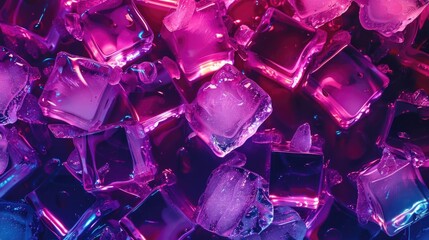 Poster - Bright neon liquid and ice cubes, top-down view for a dynamic background.