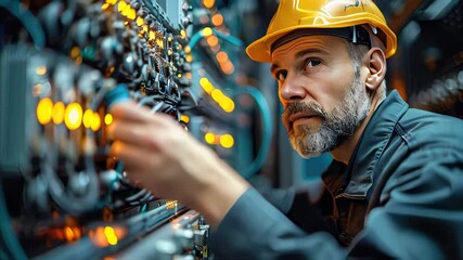 Wall Mural - Portrait of a male electrician working on an electrical panel. Technician working of the engineer