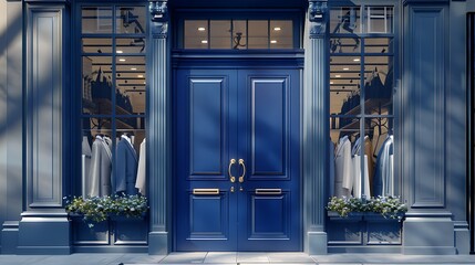 Wall Mural - deep sapphire blue door on a high-end tailoring and alterations boutique, specializing in custom suits and dresses