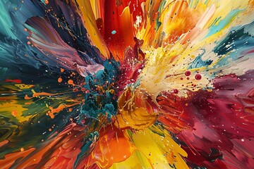 Poster - A close-up abstract painting with a dynamic explosion of colorful paint in various shades of red, yellow, blue, and green. Generative AI