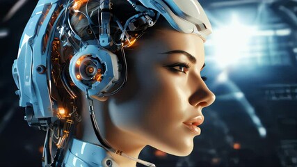 Poster - Connection of human woman and artificial intelligence robot. The concept of merging a person and a computer with neural networks in the future