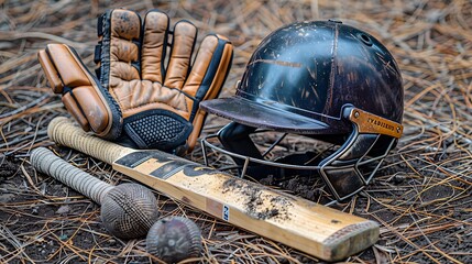 Wall Mural - Cricket helmet, gloves, and pads arranged neatly on the ground.