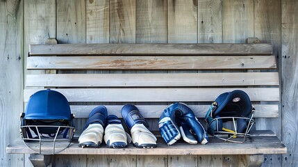 Wall Mural - Cricket helmet, gloves, and pads arranged neatly on a wooden bench.