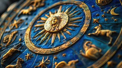 Wall Mural - astrological signs on ancient circle, old medieval zodiac wheel with constellations, planets and sta