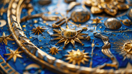 Wall Mural - astrological signs on ancient clock, detail of medieval zodiac wheel with planets and stars. concept