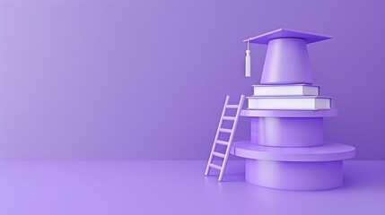 Canvas Print - 3D rendering of a podium with a graduation hat, ladder and books on a purple background. AI generated illustration