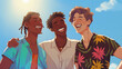 © Mary Salen - Happy group of diverse multi-racial, multi-ethnic young men friends laughing and smiling together in colorful t-shirts casual clothing motivational inspirational illustration on outdoor background