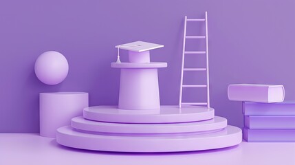 Wall Mural - 3D rendering of a podium with a graduation hat, ladder and books on a purple background. AI generated illustration