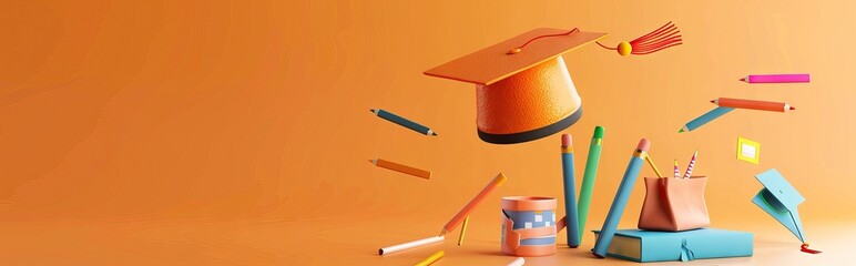 Wall Mural - concept of obtaining higher education. stack of books and graduate cap on a blue background. 3d render. illustration. AI generated illustration