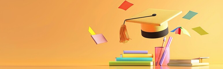 Wall Mural - concept of obtaining higher education. stack of books and graduate cap on a blue background. 3d render. illustration. AI generated illustration