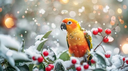 Wall Mural - Colorful parrot on snowy branch with red berries, reflecting winter and holiday season. Concept of tropical bird, winter scene, nature, festive decoration, Christmas time