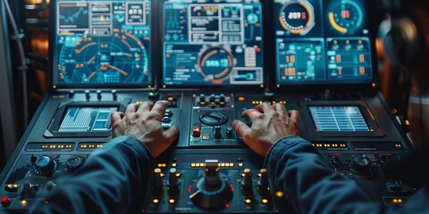 Advanced Control Room with Multiple Monitors and Interactive Interfaces