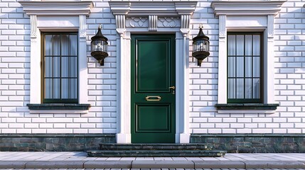 Wall Mural - glossy emerald green door, set in a facade of clean white bricks, accented by small, elegant windows and classic lanterns