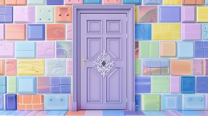 Wall Mural - light purple door with a whimsical design, set against a wall of colorful, mismatched tiles