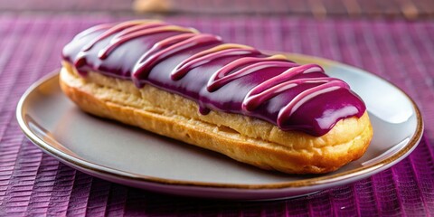 Purple Glazed Eclair on a White Plate. Generative AI