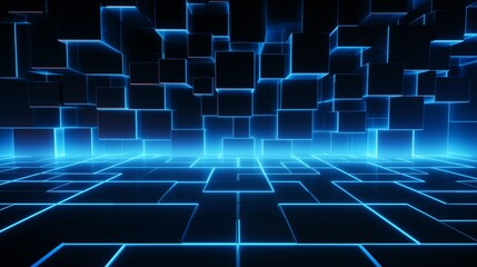 Poster - A Futuristic Neon Digital Grid with Glowing Blue Cubes and Geometric Patterns