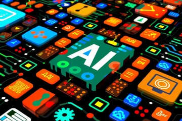 Sticker - AI microchip with colorful components, artificial intelligence, advanced tech, digital electronics, high tech design, futuristic innovation