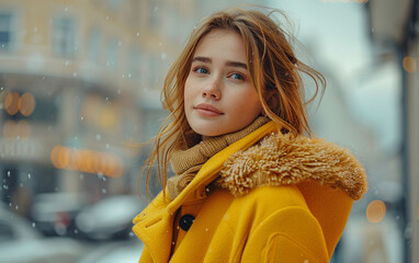 Wall Mural - A young woman with long blonde hair smiles as she stands in the snow-filled city streets. She wears a yellow coat with a fur-lined hood