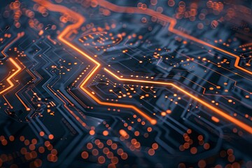 Poster - A close-up of a circuit board with glowing orange lines, highlighting the intricate pathways of electronic communication. Generative AI