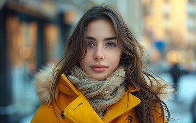 Wall Mural - A young woman with long brown hair looks directly at the camera while wearing a yellow winter coat and a knit scarf