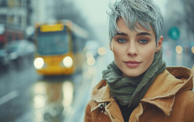 Wall Mural - A woman with short gray hair stands on a city street in winter