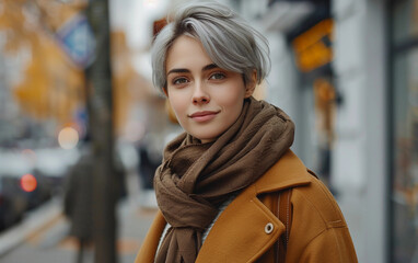 Wall Mural - A young woman with short grey hair and a brown scarf smiles as she walks through a city street