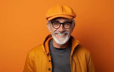 A senior man with a white beard, wearing an orange cap and jacket, smiles at the camera against a bright orange background